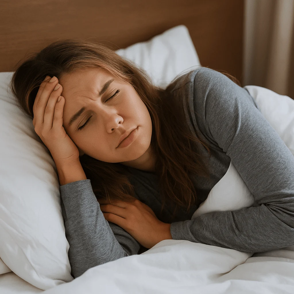 Woman in bed looking exhausted and unwell, showing the effects of poor sleep quality on immune health