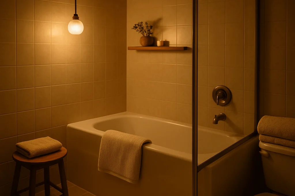 Shower before bed in a calm bathroom setup, supporting healthy sleep habits and a relaxing evening routine.
