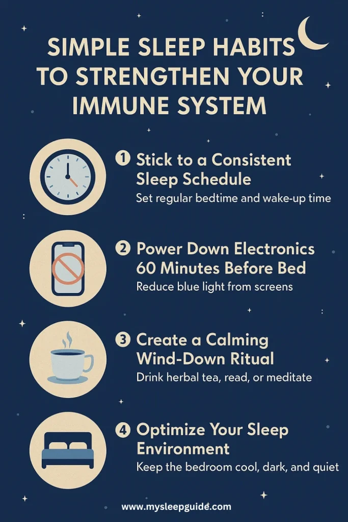Infographic showing 4 simple sleep habits to strengthen your immune system, including bedtime routine, screen-free wind-down, calming tea, and sleep environment tips