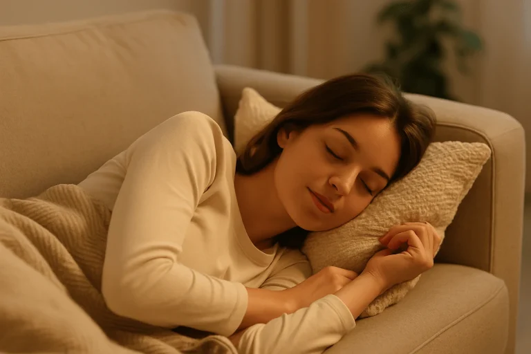 Why you can’t sleep in bed but can on the couch – woman resting comfortably in a cozy living room