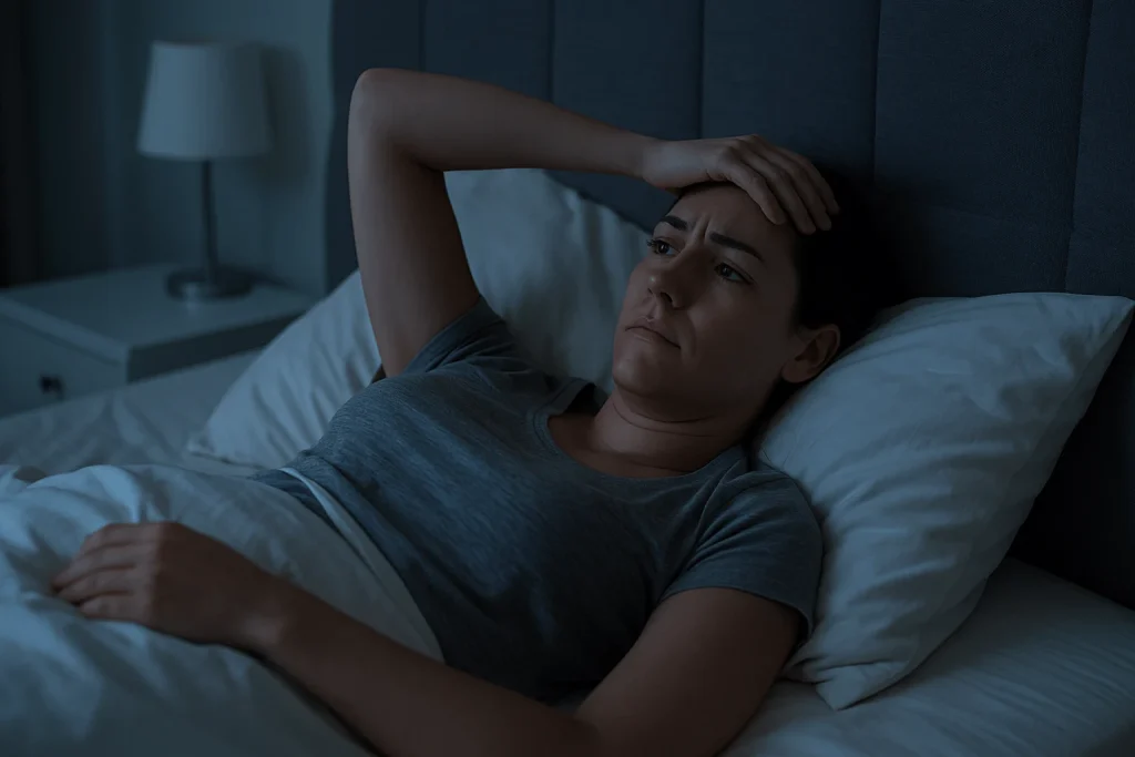 Frustrated woman lying awake in bed due to sleep anxiety