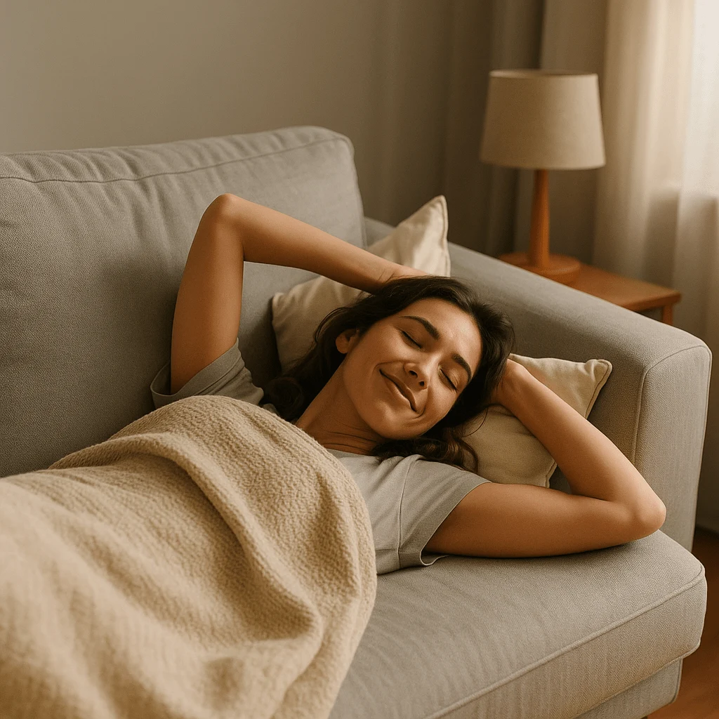 Waking up refreshed on the couch after better sleep
