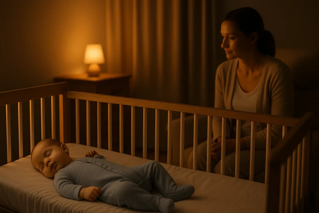 Parent sitting beside a crib watching their baby sleep peacefully at night, reflecting baby sleep tips for creating calmer nights