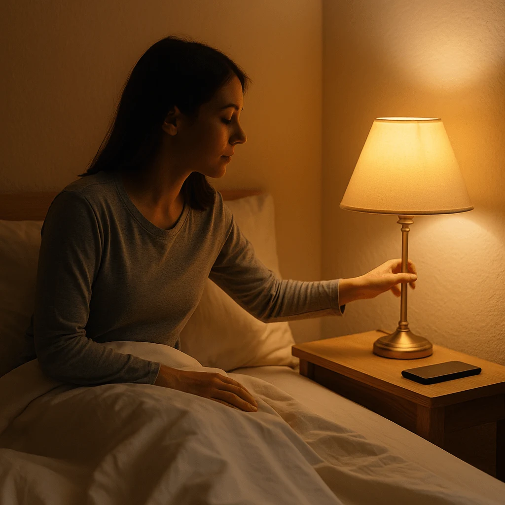 Turning off a bedside lamp and putting away a phone before bed.