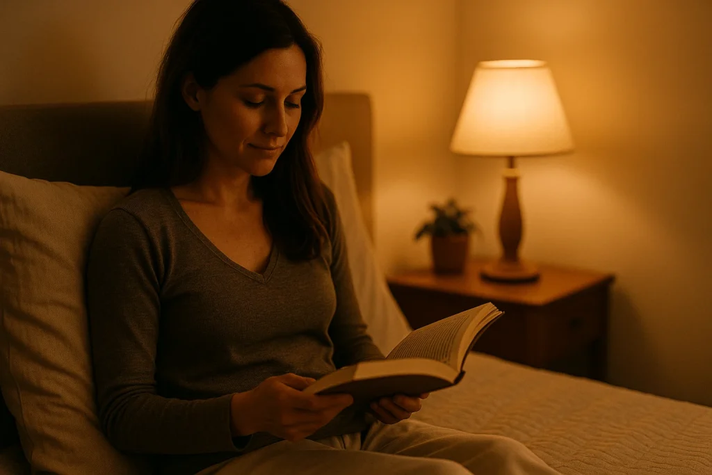 Reading a book in soft, warm lighting before bedtime.