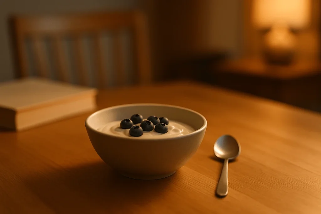 Small bowl of Greek yogurt topped with fresh berries as a light evening snack.