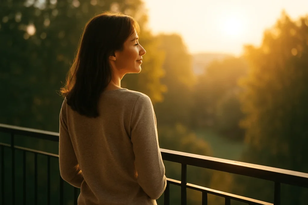 Person standing on a balcony enjoying early morning sunshine.