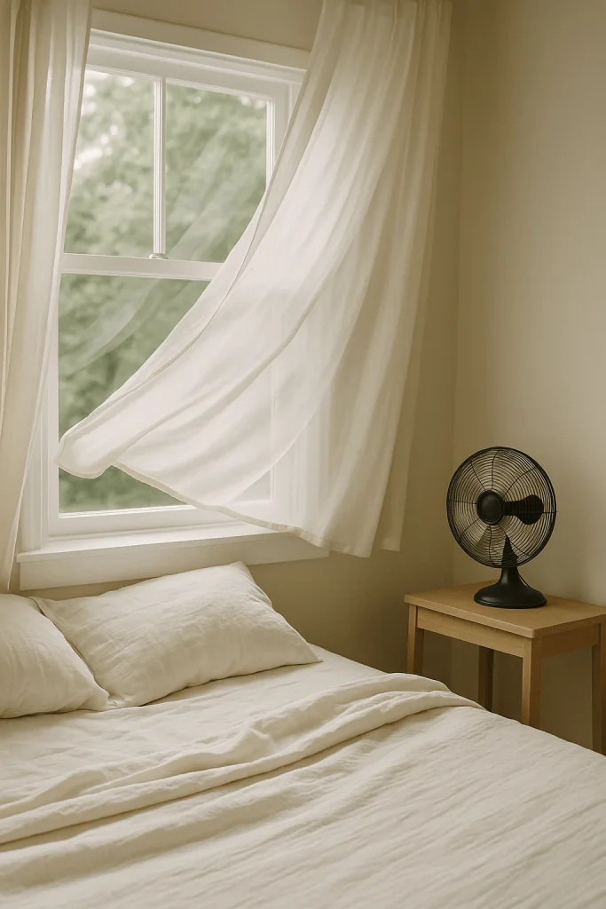 Airy bedroom with open window and sheer curtains moving in a light breeze.
