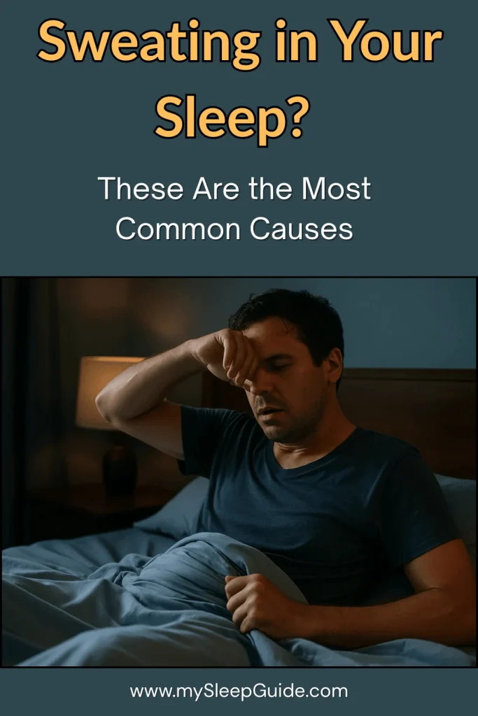 Man waking up in bed looking uncomfortable and wiping sweat, illustrating the topic: Why do I sweat in my sleep?