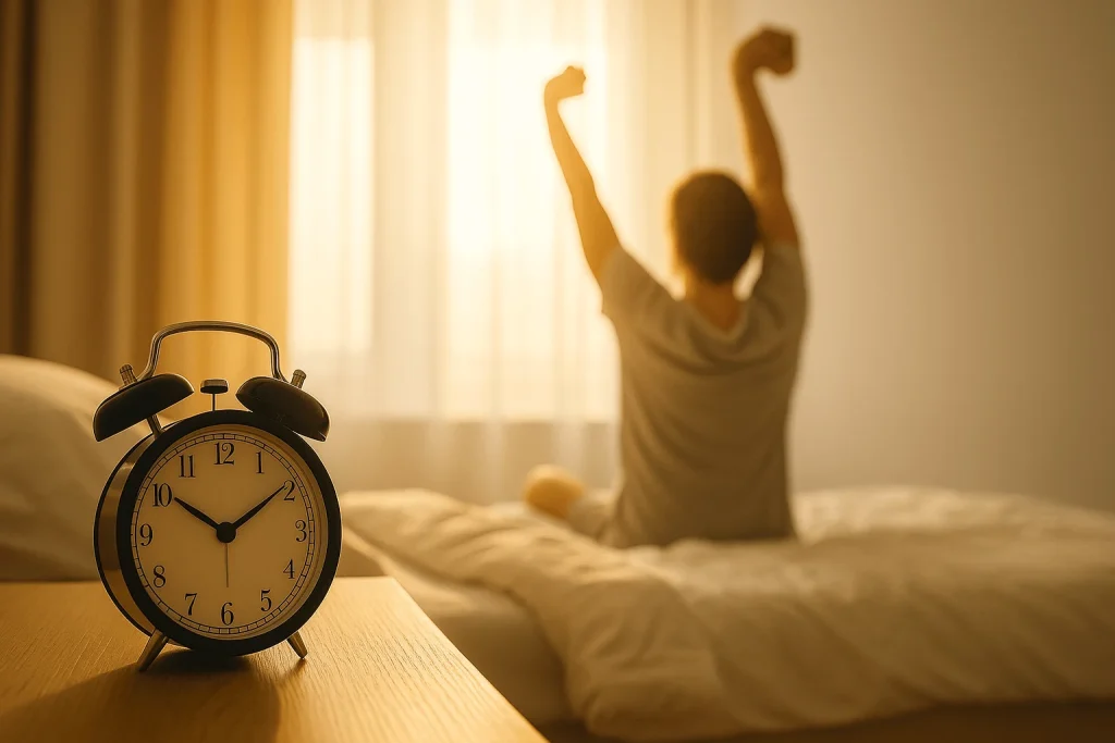 "Alarm clock on a bedside table in morning light, symbolizing a regular wake-up time