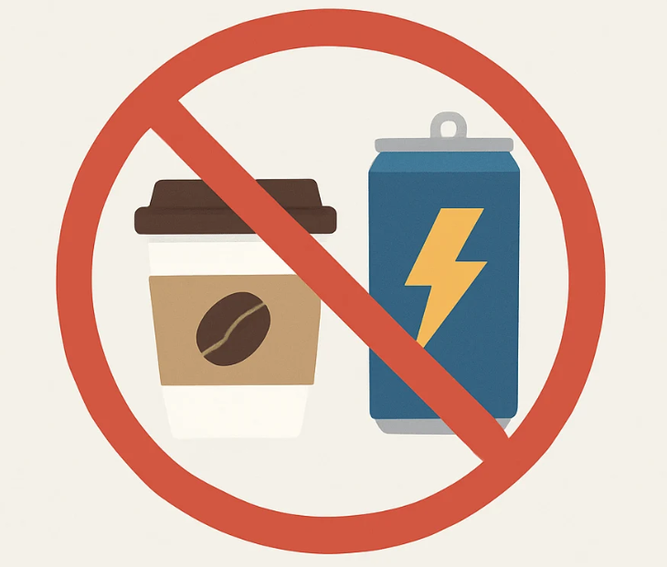 Illustration of energy drinks and coffee crossed out, showing teens should avoid caffeine for better sleep.