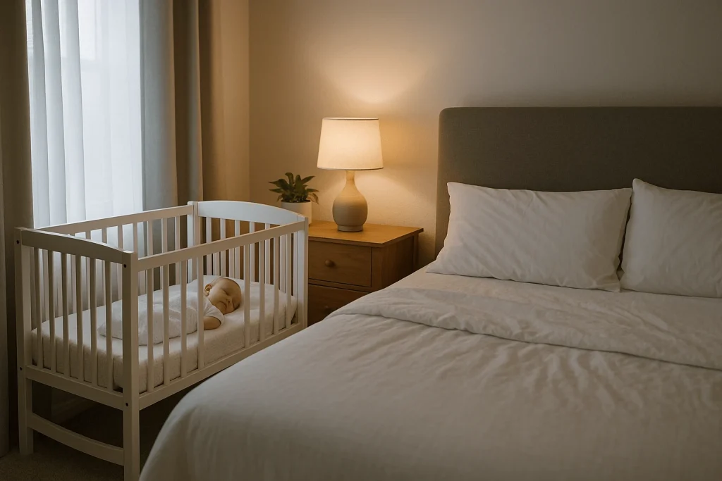 Safe sleep setup with baby crib next to parents’ bed for room-sharing