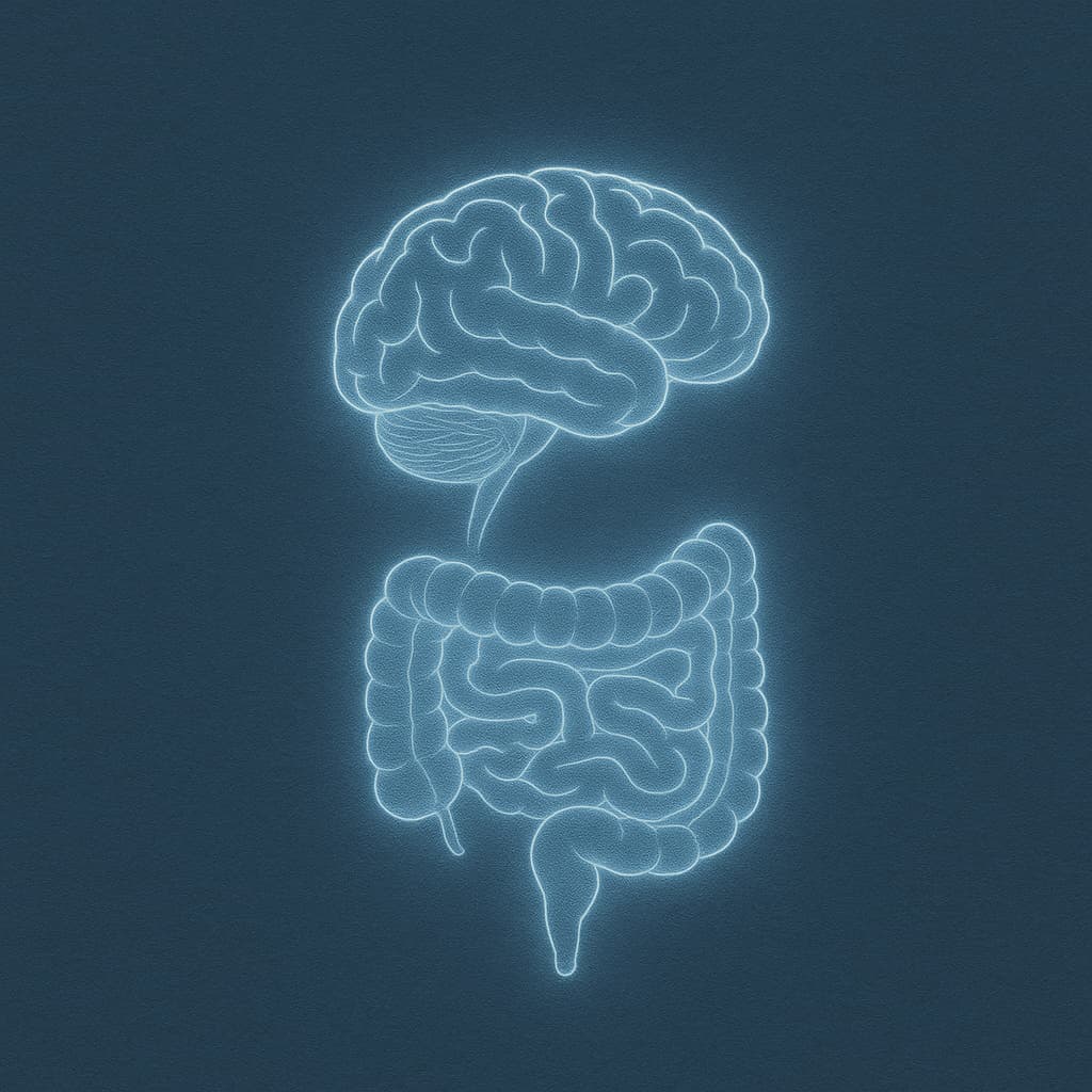 Glowing digital illustration of a human brain connected to intestines with a soft blue neural line, symbolizing the gut–brain connection and communication between digestion and sleep.