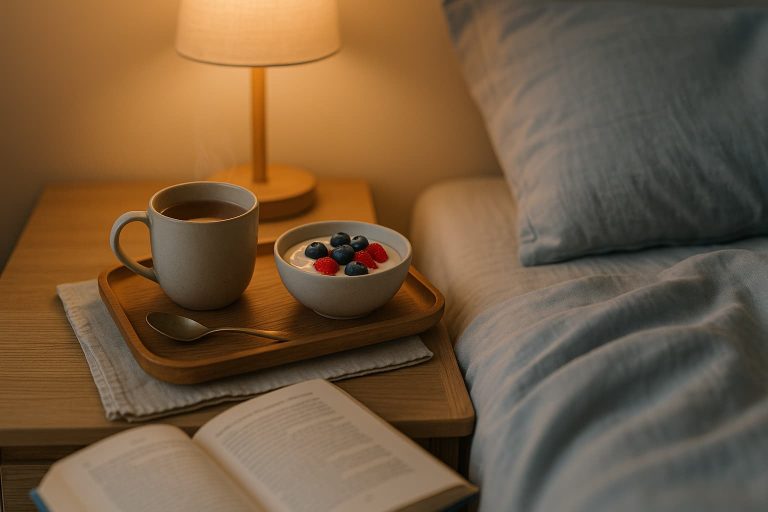 Peaceful bedtime setup with herbal tea and yogurt on a wooden tray, symbolizing the connection between gut health and better sleep.