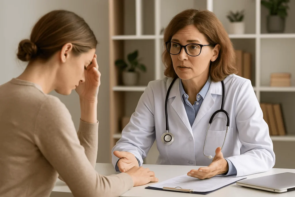 Doctor consultation scene (Medical conditions like thyroid problems, diabetes, or anemia causing fatigue)