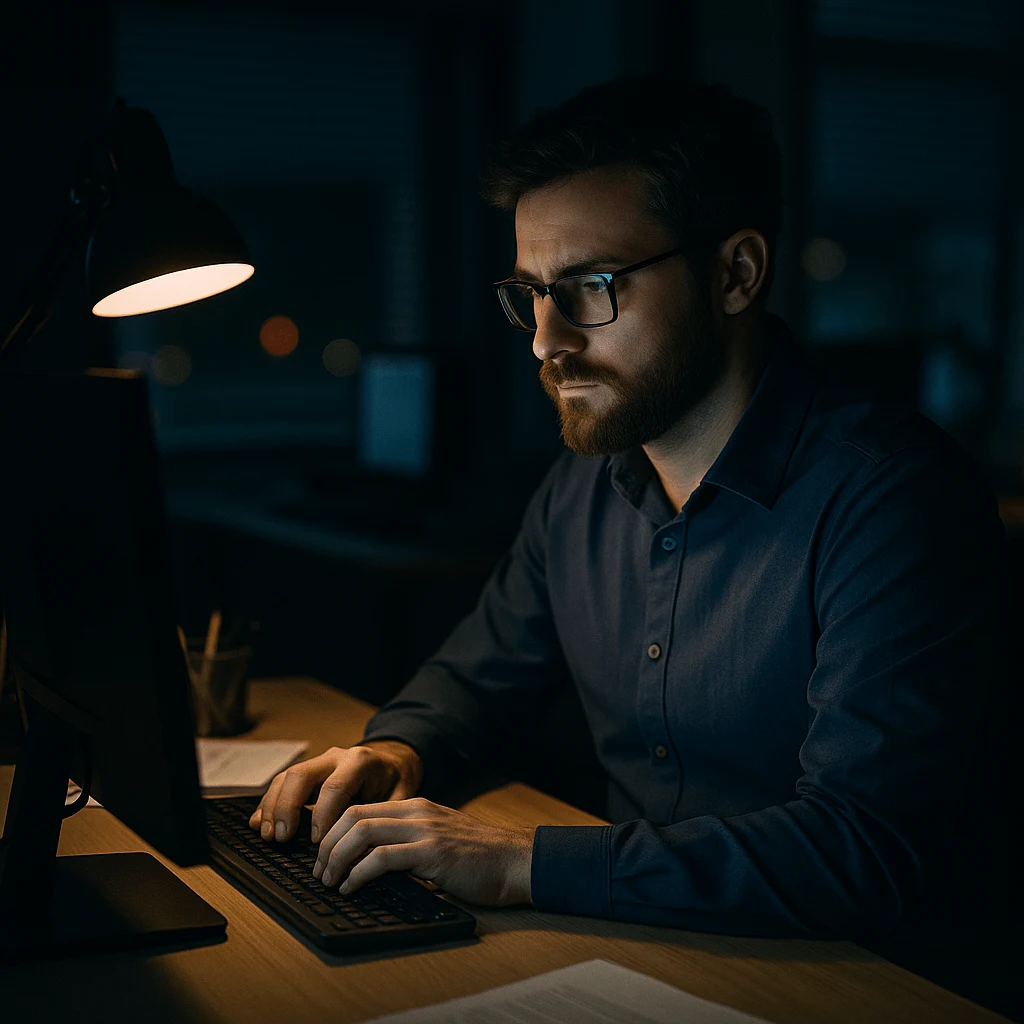 Night-shift worker under artificial light showing circadian rhythm disruption and fatigue