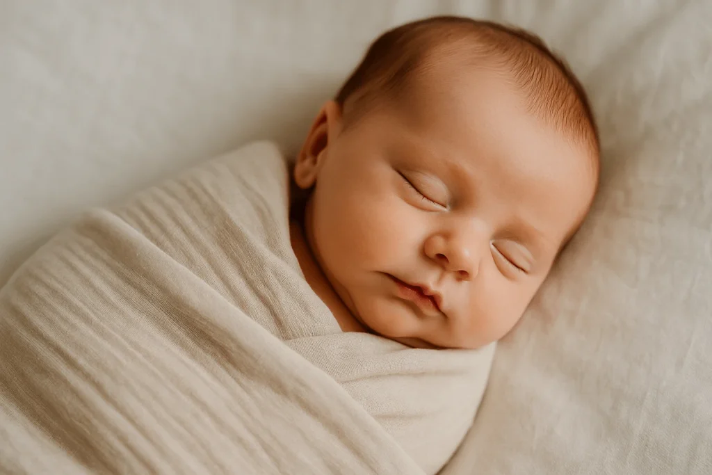 Newborn baby sleeping peacefully after parents follow baby sleep tips.