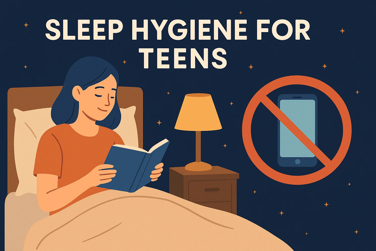 Illustration of healthy bedtime routine showing good sleep hygiene for teens, including reading, dim lights, and no phones in bed.
