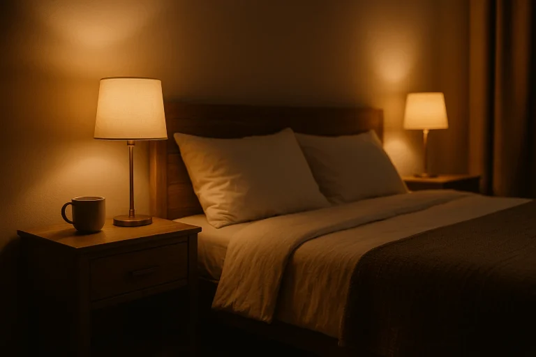 Cozy, softly lit bedroom that reflects good sleep hygiene tips for a restful night