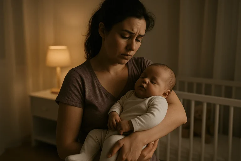 Parent holding a sleepy newborn in a softly lit nursery, highlighting baby sleep tips for calmer nights.