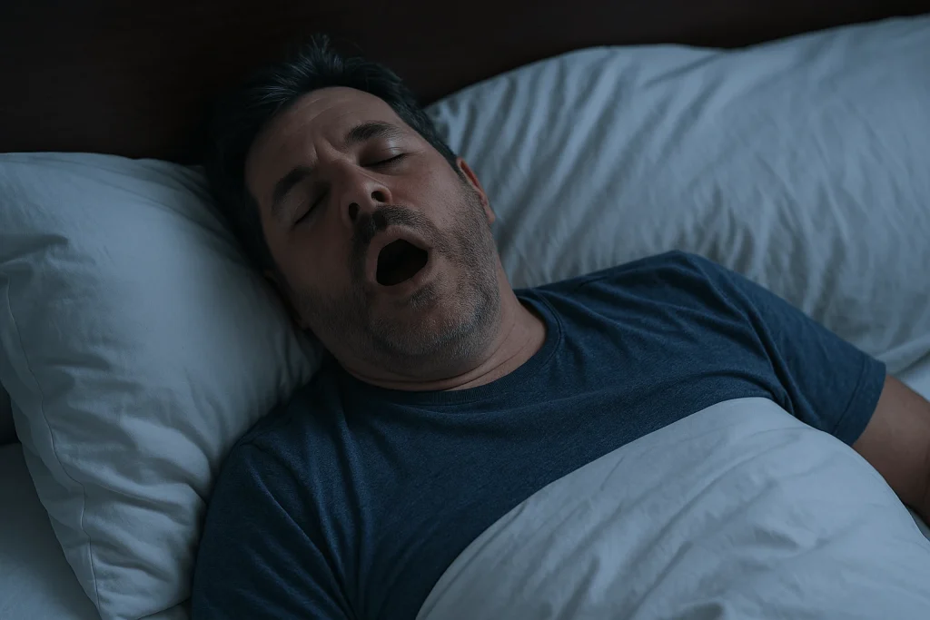 Man snoring loudly in bed, illustrating how sleep disorders can cause constant tiredness