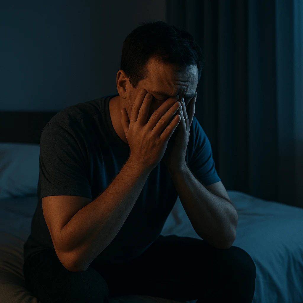 Person looking stressed at night showing that Stress, anxiety, and depression as hidden causes of constant fatigue