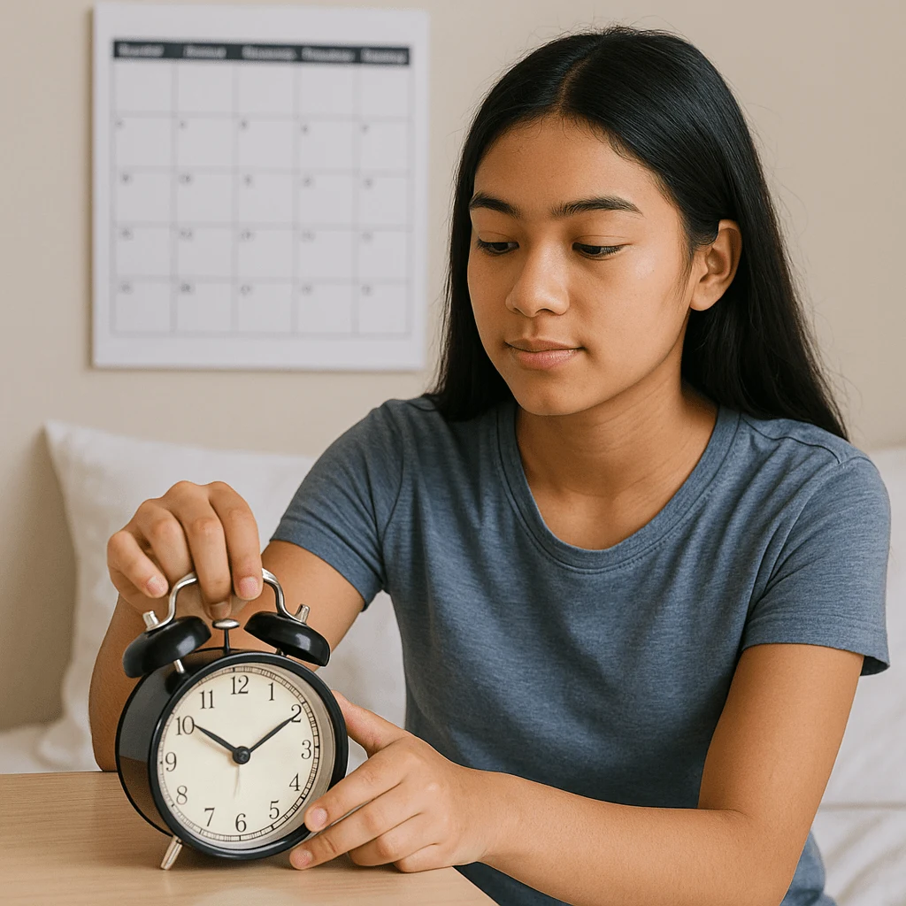 Teen setting alarm clock to keep a consistent bedtime and wake-up schedule for healthy sleep habits.