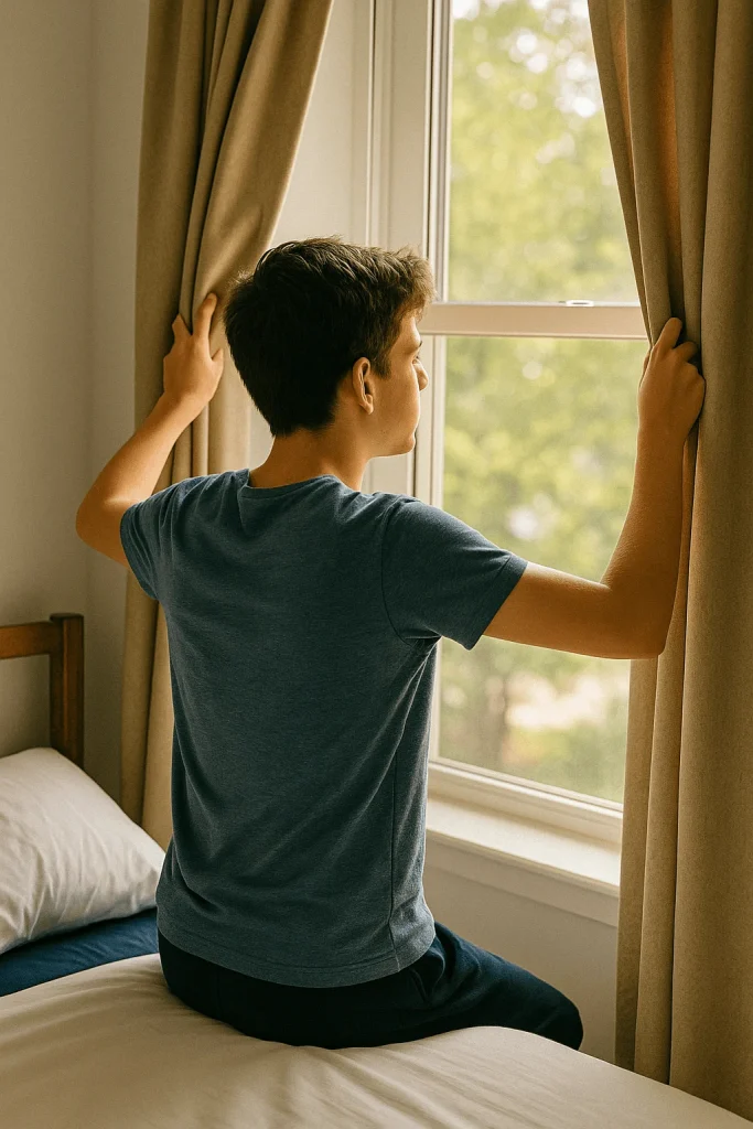 Teen opening bedroom curtains to morning sunlight to support a healthy circadian rhythm.