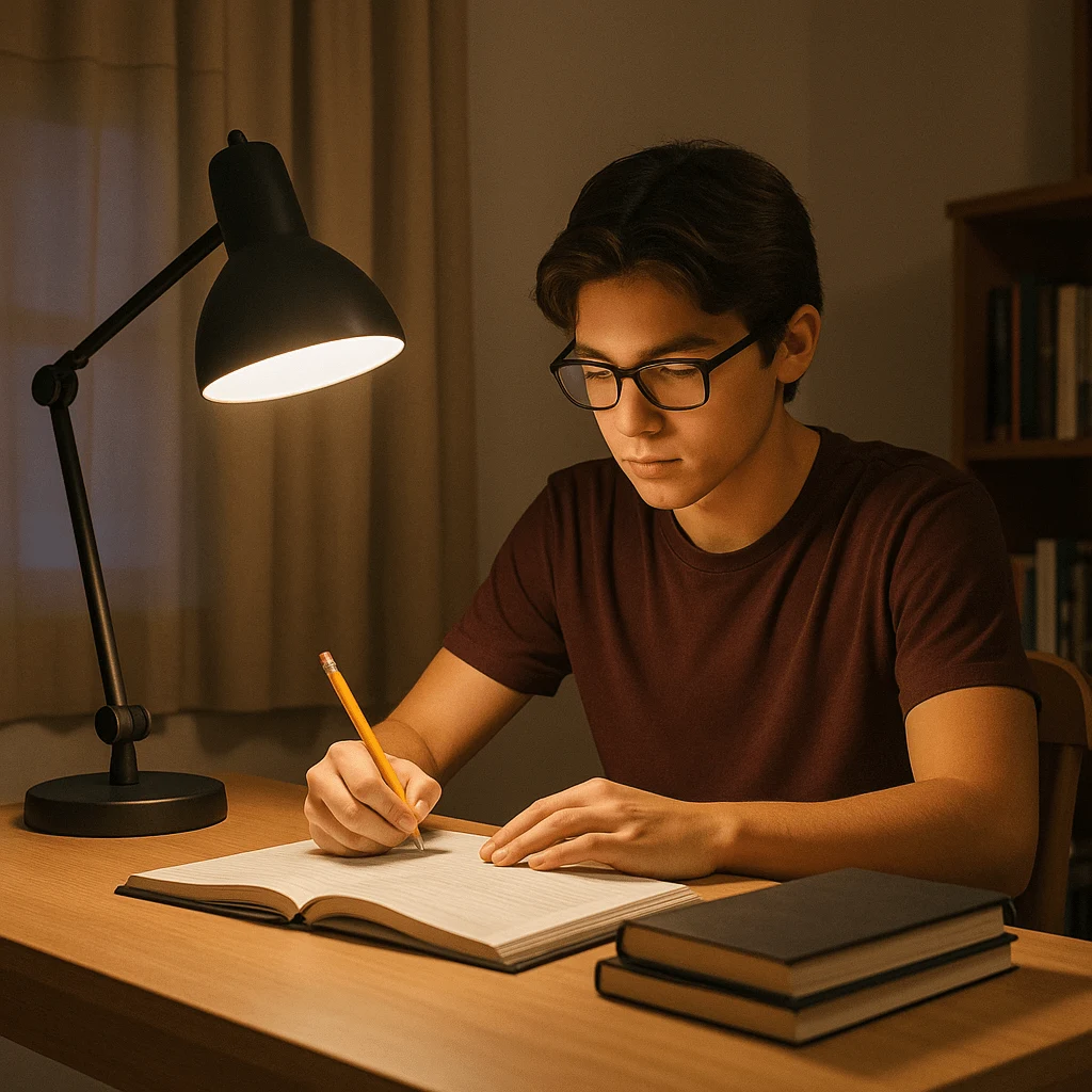 Teen doing homework at a desk in the evening to balance school tasks with time to relax before bed
