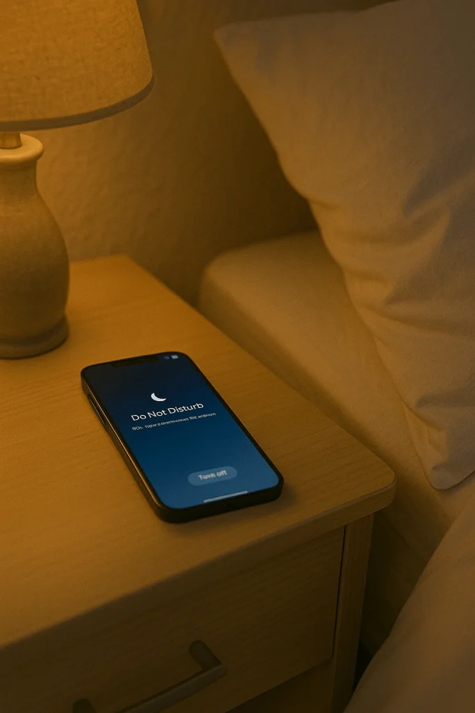 Smartphone on bedside table with night mode enabled to reduce blue light exposure before sleep