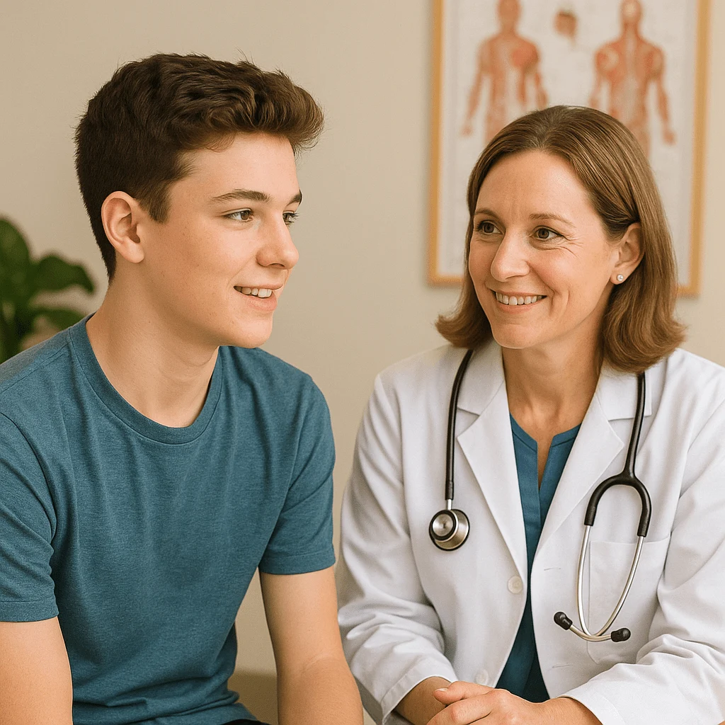 Teen talking with a doctor in a supportive consultation about sleep problems.