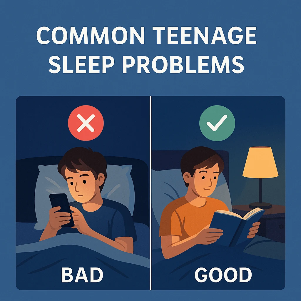 Comparison of poor teen sleep habits like using a phone in bed versus healthy routines like reading.