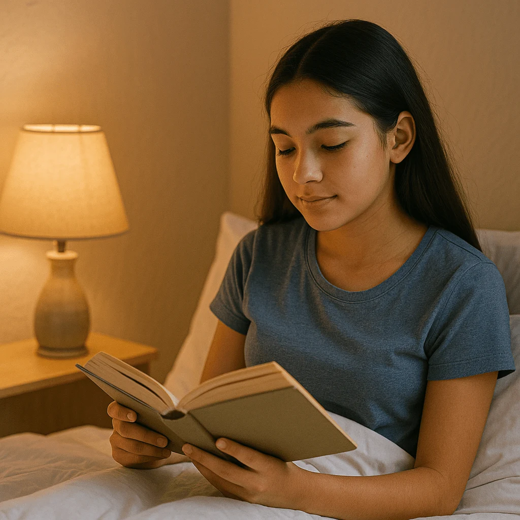 Teen reading a book in cozy warm bedroom lighting as part of a calming bedtime routine.