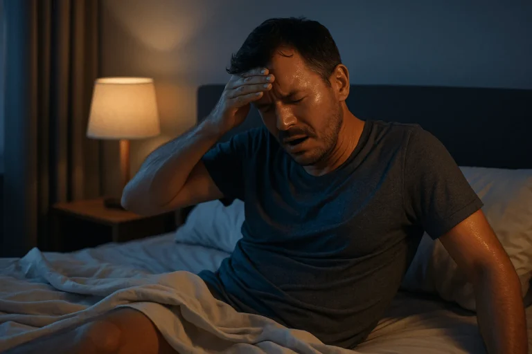 A restless sleeper wiping sweat from forehead illustrating the question: Why Do I Sweat in My Sleep?