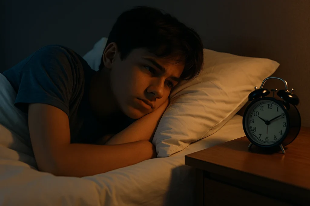 Teen lying awake in bed at night with clock glowing, representing circadian rhythm changes in teenagers.