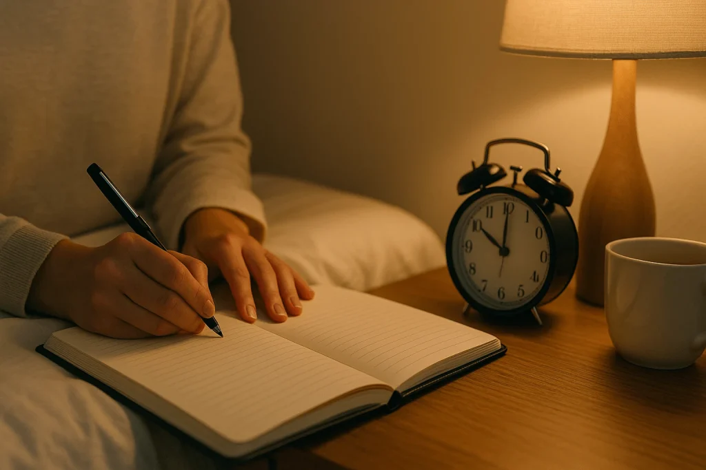 Bedtime journaling setup with tea and soft light as part of a calming nighttime routine.