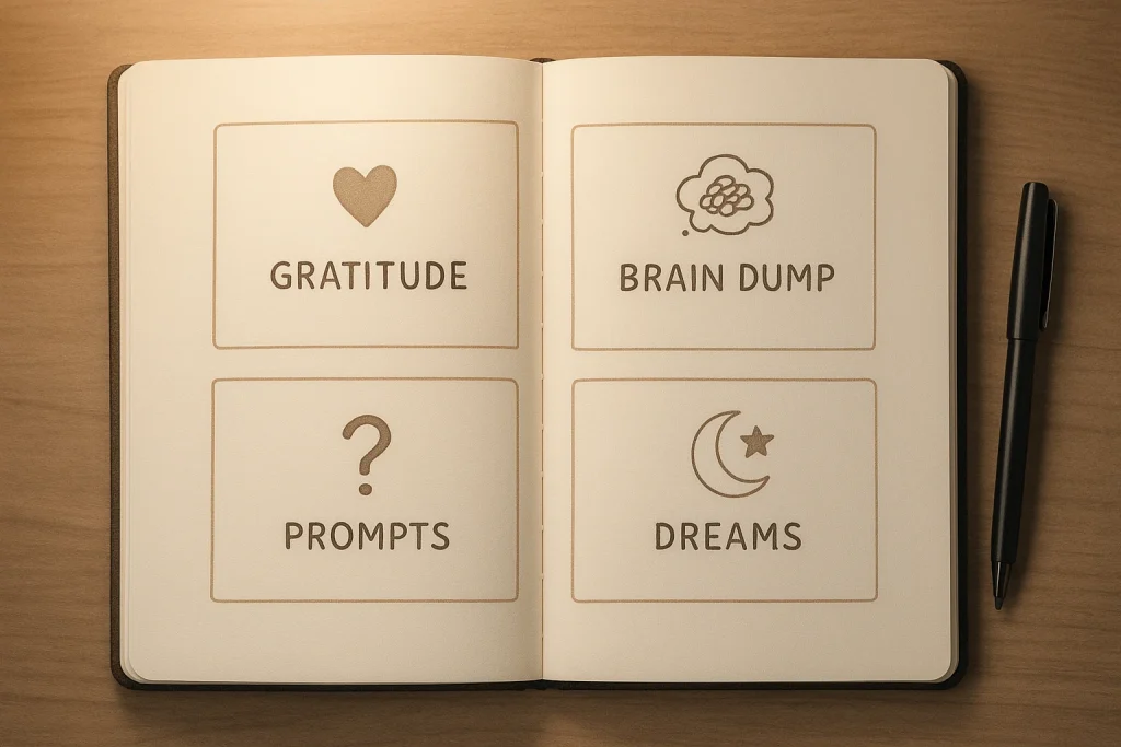 Journal spread showing multiple bedtime journaling types to try for better sleep.