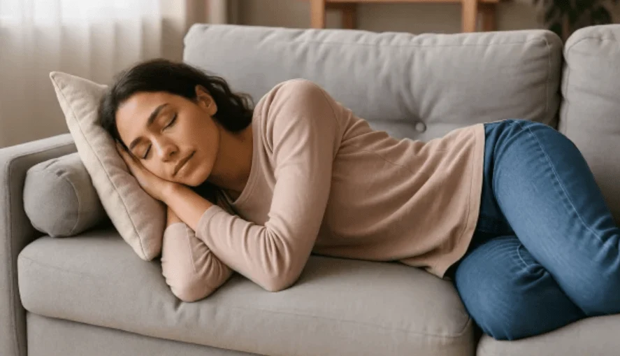 Woman peacefully napping on a sofa, illustrating the benefits of power naps for improved focus, energy, mood, and overall well-being