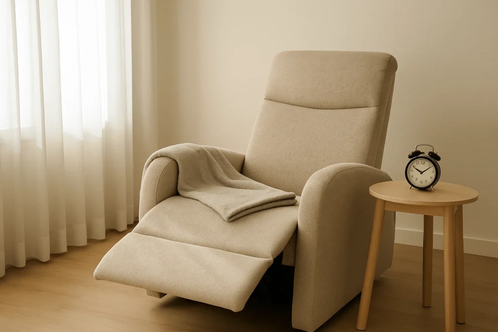 Peaceful nap environment with a reclined chair, blanket, and alarm clock set for a short power nap