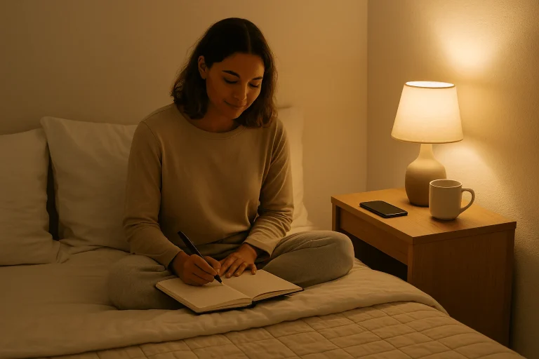 Person journaling for sleep with a calm, focused expression before bed—part of a nighttime routine to ease racing thoughts.