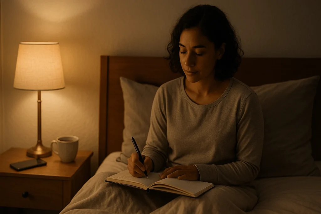 Person journaling for sleep with a calm, focused expression before bed—part of a nighttime routine to ease racing thoughts