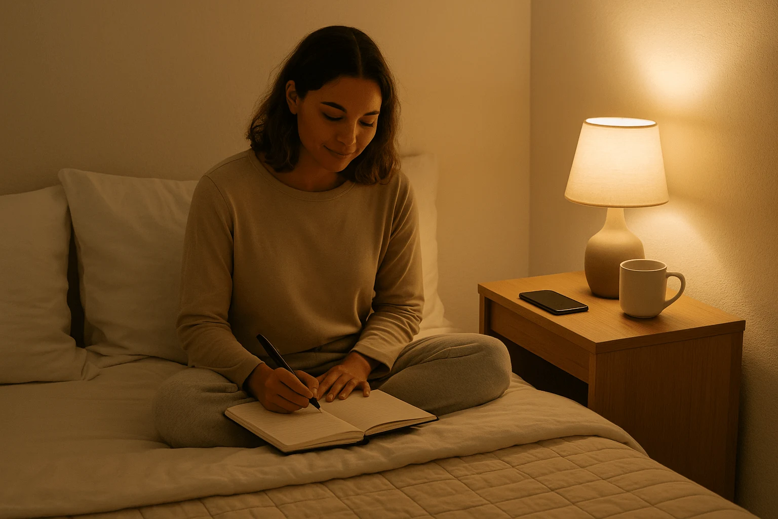 Person journaling for sleep with a calm, focused expression before bed—part of a nighttime routine to ease racing thoughts.
