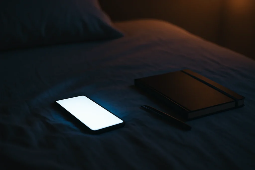Phone glowing in bed next to a notebook—common journaling pitfall that keeps the brain alert