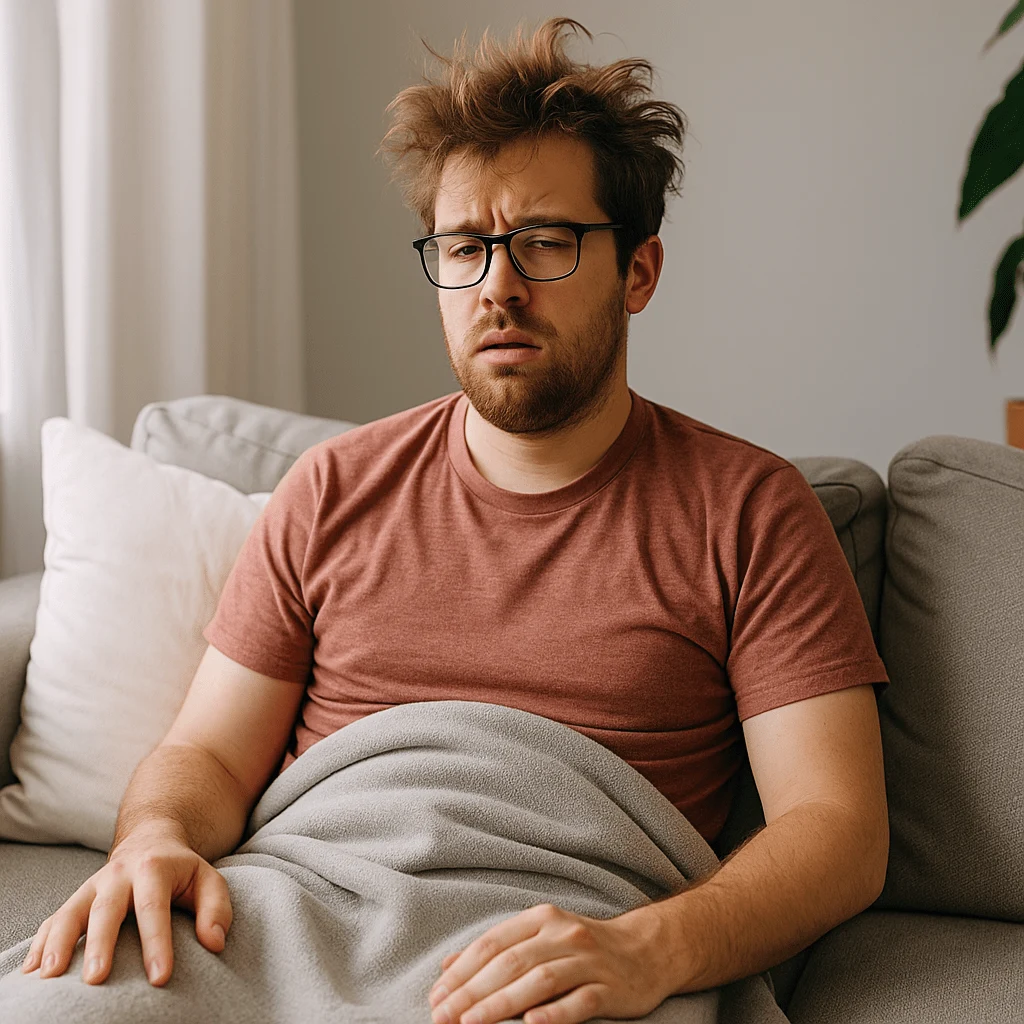 Person waking up groggy after oversleeping, showing how long naps can cause sleep inertia and disrupt nighttime rest.