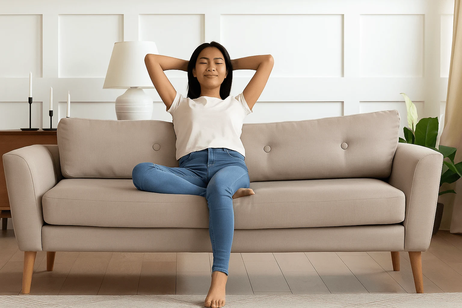 Relaxed woman stretching on a sofa in a bright living room, looking refreshed and energized after a short power nap