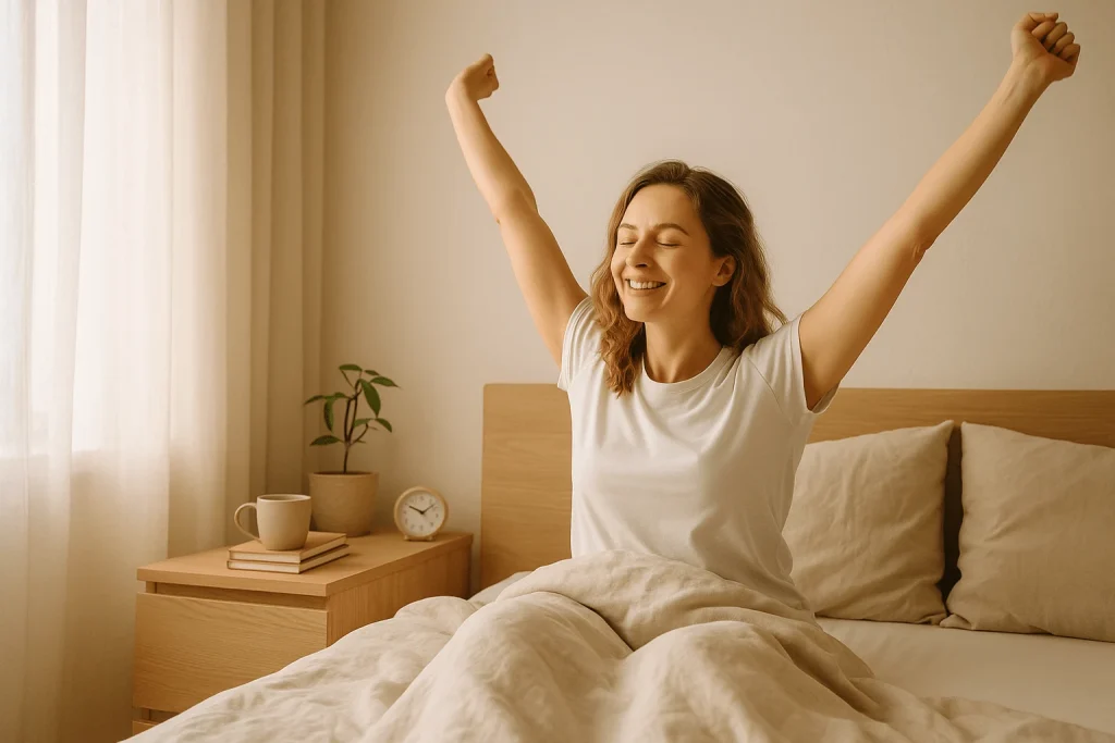 Smiling woman stretching in a sunlit, neutral bedroom—waking up refreshed after a month of journaling for sleep