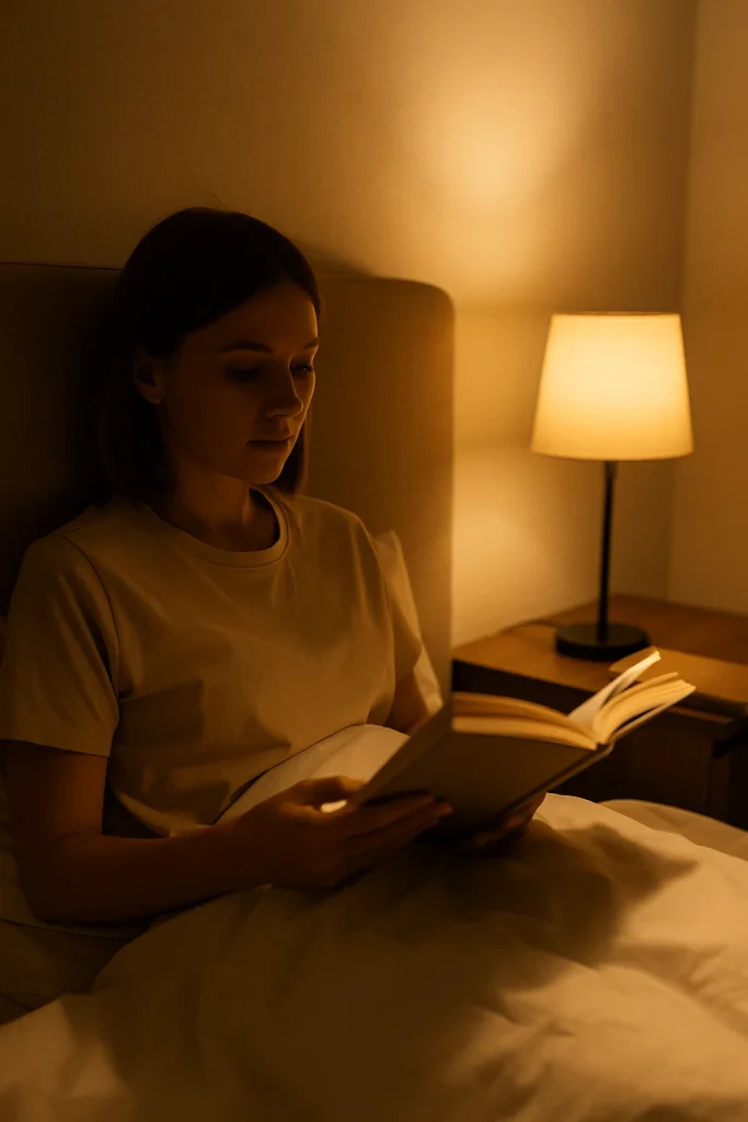 Woman reading a book in bed under warm lamplight, representing a calming bedtime routine that promotes better sleep hygiene.