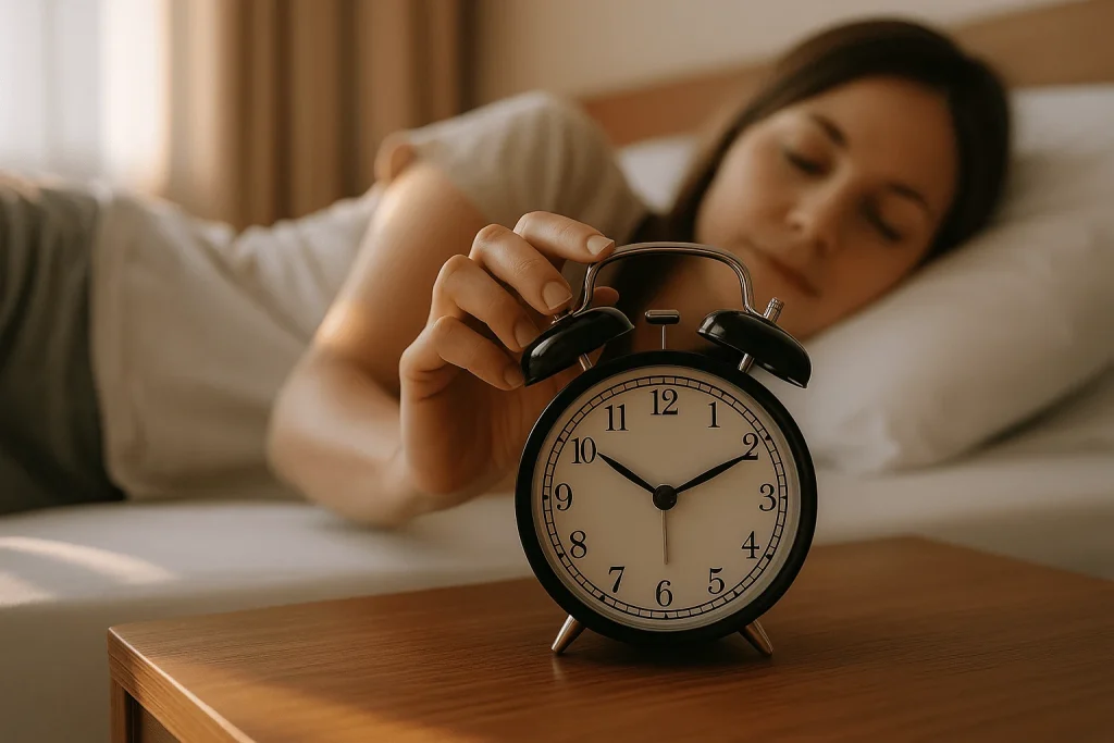 Woman setting an alarm clock at bedtime as part of a consistent sleep schedule for better rest.