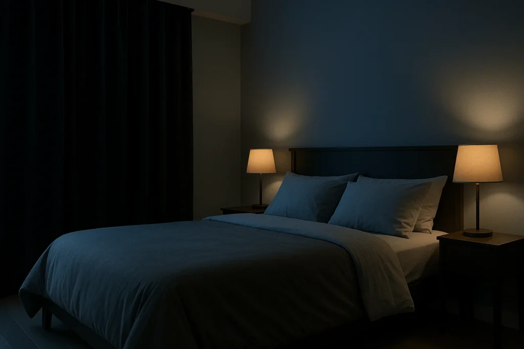 Dark, cool, and quiet bedroom with blackout curtains and soft bedding, representing an ideal sleep environment for deep, restful sleep.