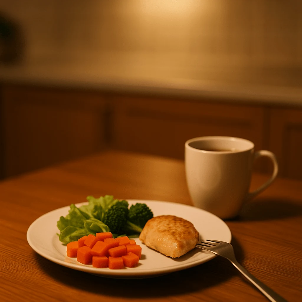 Light evening meal and herbal tea on a table with a clock showing early evening, representing eating light and early to support digestion and sleep.
